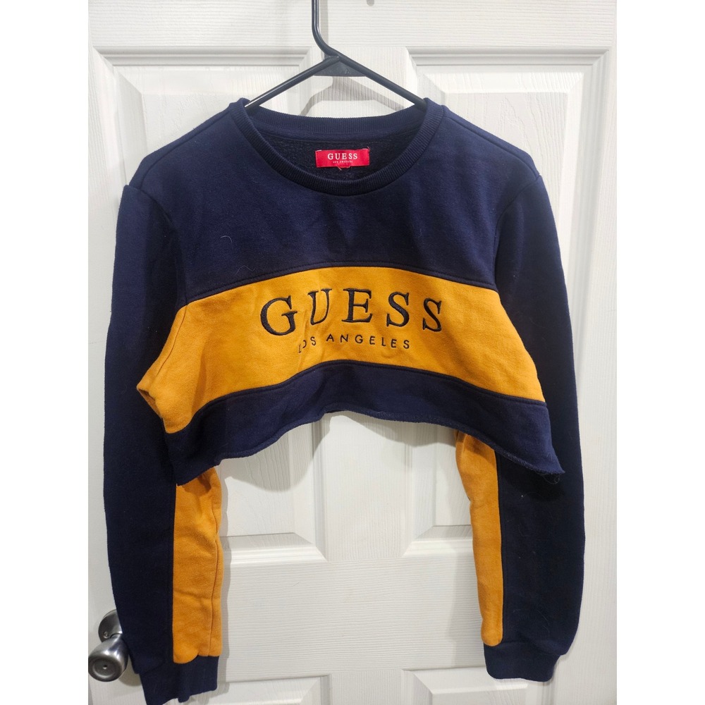 GUESS Los Angeles Cropped Sweatshirt‎ Navy Blue Yellow Colorblock Logo Fleece